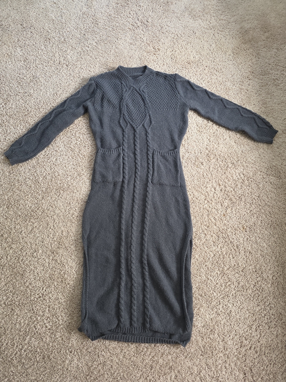Charcoal Grey Cable Knit Long Sweater Dress with Pockets 120cm / 47"